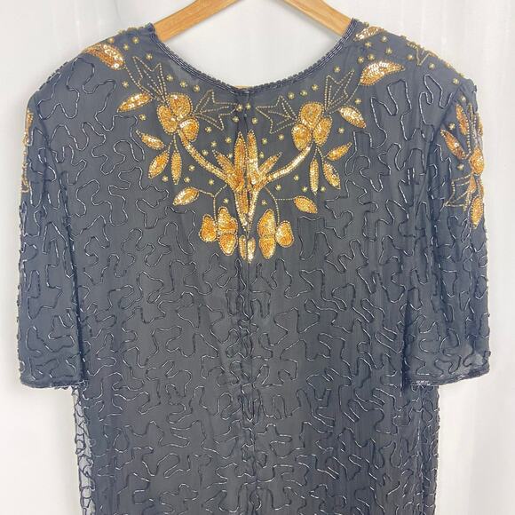 Vintage Beaded Cocktail Dress Size 2X Black Gold‎ Sequins B2 & US by Marx & John - Picture 8 of 15